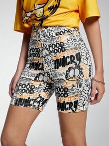 GARFIELD | SHEIN Women Elastic Cute Cartoon Cat & Letter Print Bike Shorts Leggings - White - View 4
