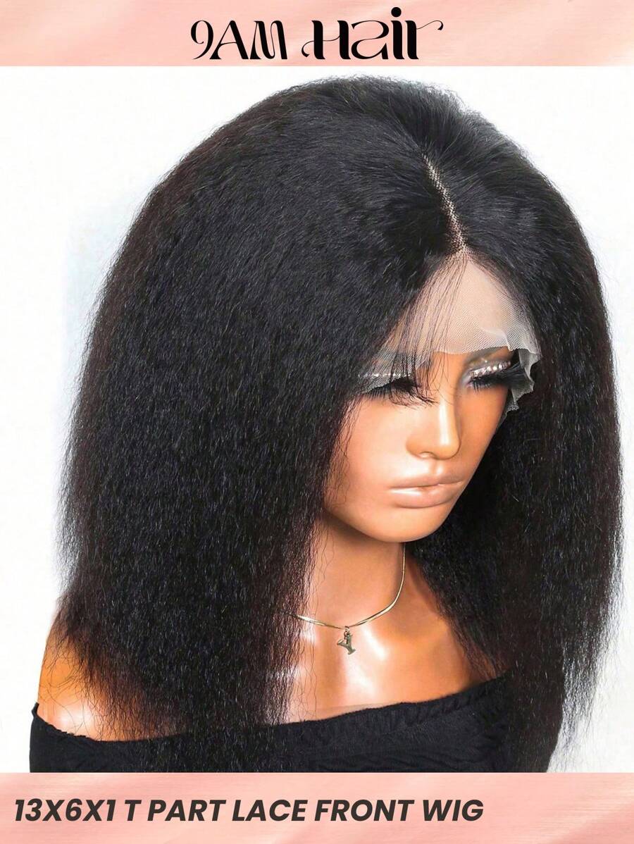 Short Transparent Lace Kinky Straight T Part Lace Wigs Real Human Hair Lace Frontal Closure Wigs  With Front Baby Hair Pre Plucked Natural Hairline Wig Natural Black Color - Natural Black - View 1