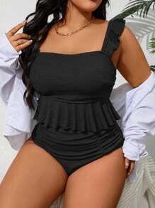 SHEIN Swim Curve Áo bikini hở lưng tối giản cỡ lớn, thời trang cho mùa hè - màu đen - Xem 1