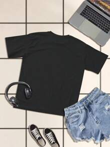 SHEIN 女士短袖圆领T恤，简约时尚，适合夏季 - 黑色 - 查看 2