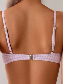 Swim Mod Women's Summer Plaid & Stripe Print Contrast Lace Trim Casual Beach Swimwear Set - Pink - View 5