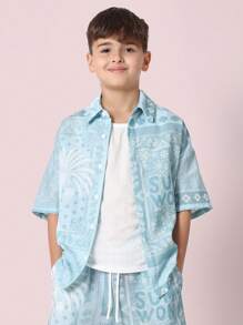 SUMWON Boys Summer Bandana Print Co-Ord Set Short Sleeve Button Down Shirt Drawstring Shorts Vacation Beach Holiday Resort Wear Tween Teenage Fashion Outfit Pack - Multicolor - View 3
