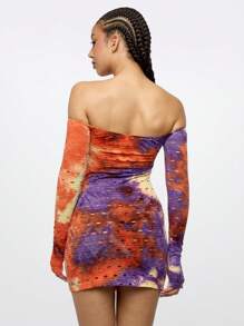 SUMWON WOMEN Off Shoulder Long Sleeve Bodycon Mini Dress Tie Dye Pattern Cut-Out Design Party Club Night Evening Fitted Modern Fashion Spring Summer - Multicolor - View 2