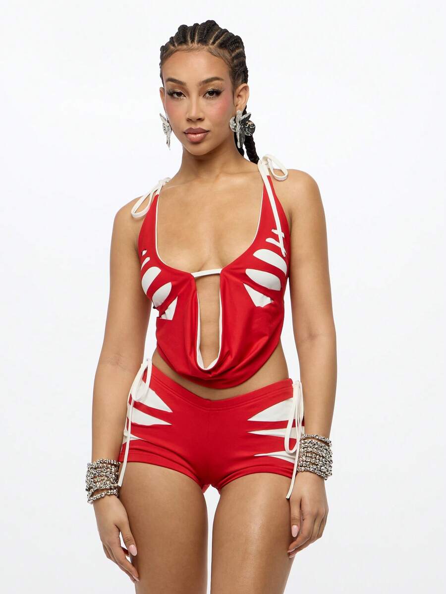 SUMWON WOMEN Trang phục hai mảnh hở lưng quần đùi hở vai áo crop top dự tiệc rave mùa hè trang phục đi biển - Đỏ - Xem 1