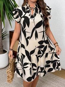 SHEIN Clasi 大码女式植物印花荷叶边系带短袖连衣裙，夏季度假