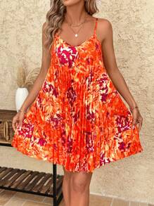 SHEIN Clasi 细肩带褶皱度假连衣裙，橙色和粉色抽象印花，女士优雅夏季度假装，商务休闲装，可爱夏季西部装，波西米亚风女装，复古风格复活节装，女士狂欢装，节日音乐会太阳裙