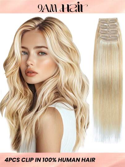 4 件装 8 个夹子直发接发 100% 真人发色 P27/613# 金色挑染浅金色 12-18 英寸双纬隐形夹发接发雷米天然真人发适合女性女孩日常全头使用
