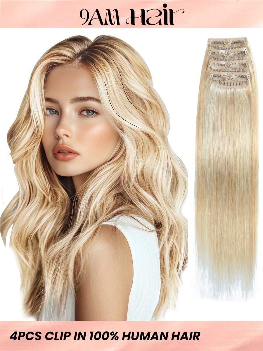 4 件装 8 个夹子直发接发 100% 真人发色 P27/613# 金色挑染浅金色 12-18 英寸双纬隐形夹发接发雷米天然真人发适合女性女孩日常全头使用