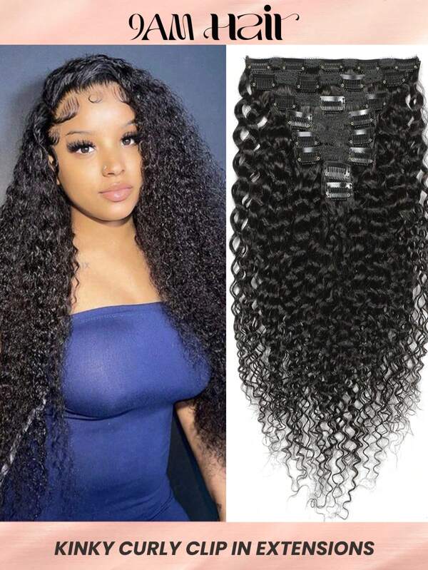 8pcs Kinky Curly Clip In Natural Black Virgin Human Hair Extension Clip-In Hair Extension Weft Hair Extension Hair Weaves Hair Extentions