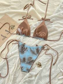 Bowknot Print Sexy Padded Spaghetti Strap Bra Tankini Bikini Set - Multicolor - View 2