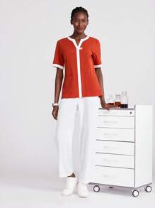 TaskEZ Ensemble de tenue de travail infirmière avec Top à manches courtes et pantalon de couleur contrastée, vêtements de travail pour femmes, grandes tailles, deux pièces