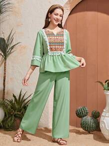 Casual Print Tassel Decor Loose Blouse And Minimalist Versatile Pants Set For Teenage Girls - Army Green - View 4