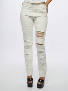 SUMWON WOMEN Distressed Ripped Boyfriend Denim Jeans Perfect For Spring Summer Casual Street Style Fashion Low Rise Cotton Stretch Destroyed White Jean - White - View 1