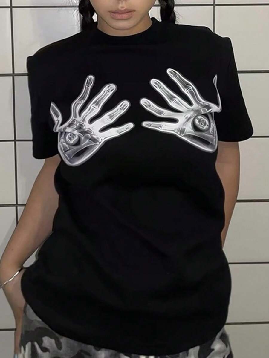 SHEIN 女士短袖圆领T恤，简约时尚，适合夏季 - 黑色 - 查看 1