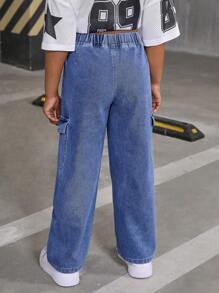 SHEIN Sparklyn Girls' Casual Versatile All-Match Loose Wide Leg Washed Cargo Denim Pants, School, Campus, College Summer Holiday - Light Wash - View 2