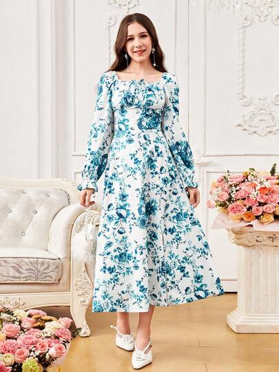 Teenage Girls Floral Print Elegant Fitted Long Sleeve High Slit Dress, Resort Wear Fall Winter