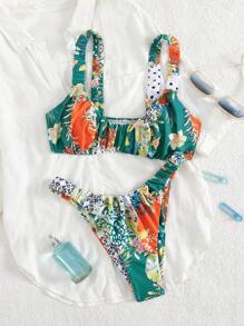 Swim Mod 2pcs Women's Sexy Low-Cut Ruched Halter Micro Triangle Wireless Bikini Swimwear Set For Beach Holiday For Summer Beach Vacation - Multicolor - View 1