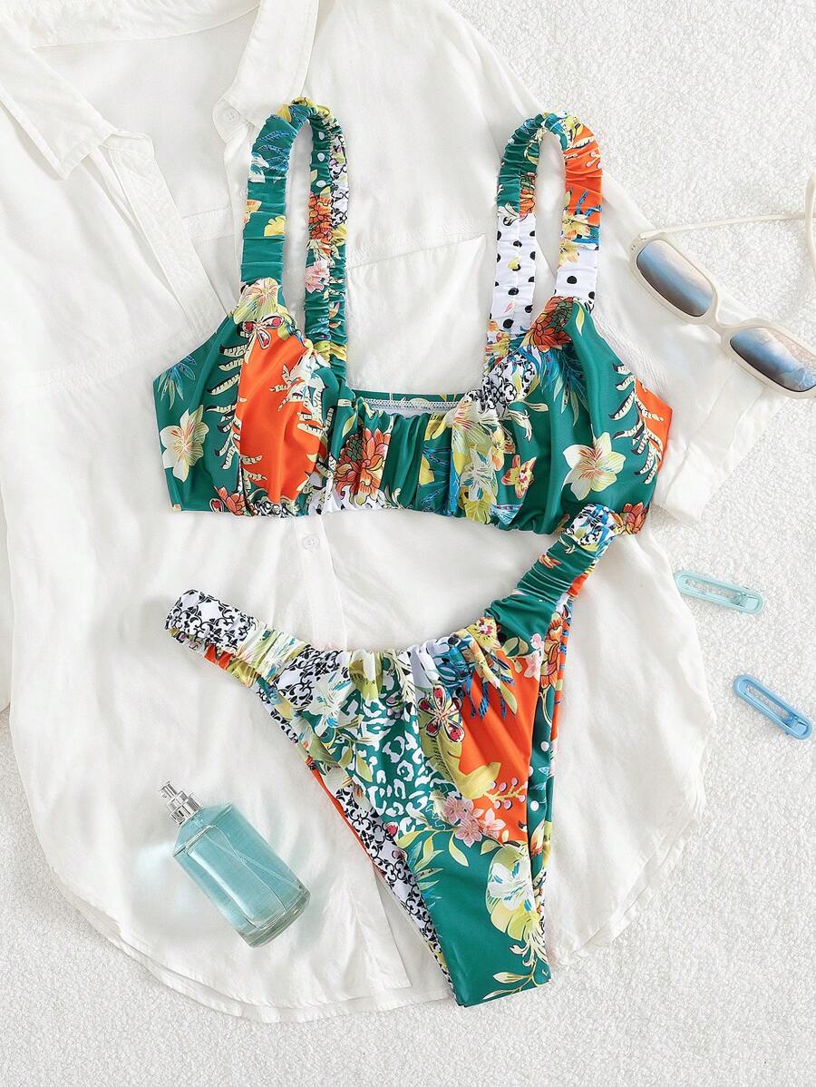 Swim Mod 2pcs Women's Sexy Low-Cut Ruched Halter Micro Triangle Wireless Bikini Swimwear Set For Beach Holiday For Summer Beach Vacation - Multicolor - View 1