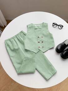 2pcs Young Boys Young Girls Casual Preppy New Style Boys' Suit Set: Blazer, Vest And Trousers, Gentleman Formal Wear Set , Suitable For Outings, Street Wear, Parties, Home, Back To School, Birthday, Baby Shower, Holiday Parties, Autumn Winter - Mint Green - View 3