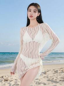 DAZY Women's Teardrop Lace Mesh Fabric One-Side Drawstring Elegant Pullover Summer Beach Cover-Up