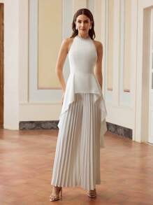 ZEYLAH Women's Solid Color Rhinestone Decor Ruffled Hem Halter Jumpsuit, Elegant - White - View 5