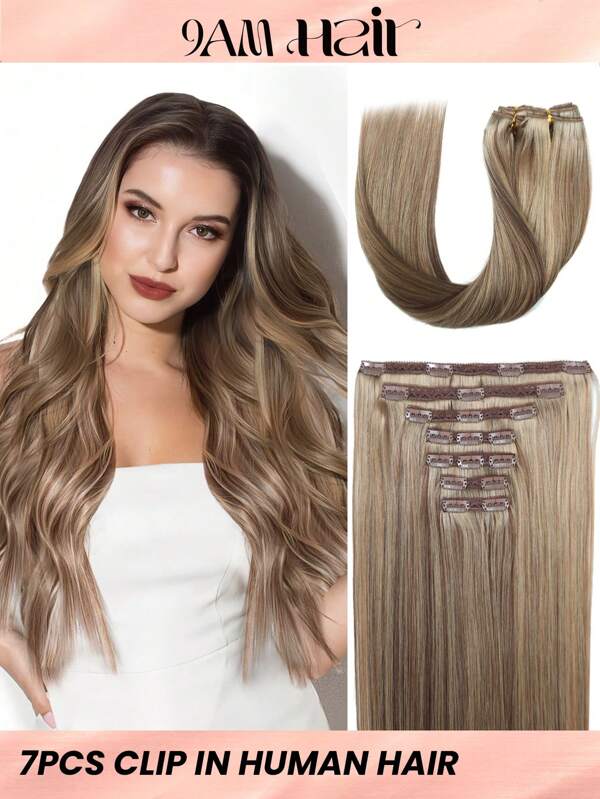7 PIEZAS con 20 clips Extensiones de cabello con clip recto 100% cabello humano real Color F4/27# Castaño medio con mechas Rubio miel 14-22 pulgadas 115G Doble trama Extensiones de cabello con clip invisible Cabello Remy natural humano para uso diario de mujeres y niñas