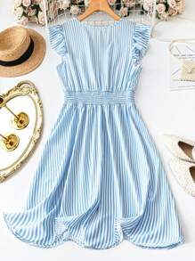 DreamSkyne Vestido estriado vertical elegante y de moda con cuello en V y cinturilla para mujer de talla grande, para primavera y verano