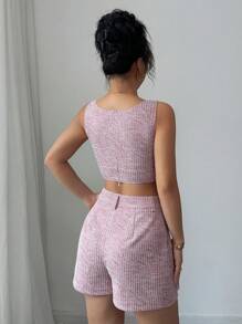 Elenzga Set de 2 piezas de top corto de escote en V color rosa y shorts para mujeres