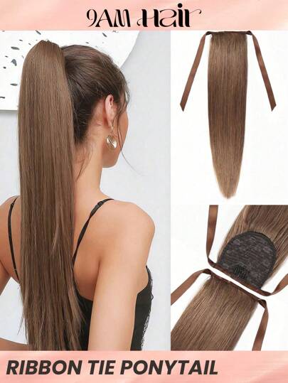 1Pc Ribbon Tie Wrap Around Straight Ponytail Colored Human Hair Extension 6# Extensions For Women Daily Use Easy To Wear Hair Extensions