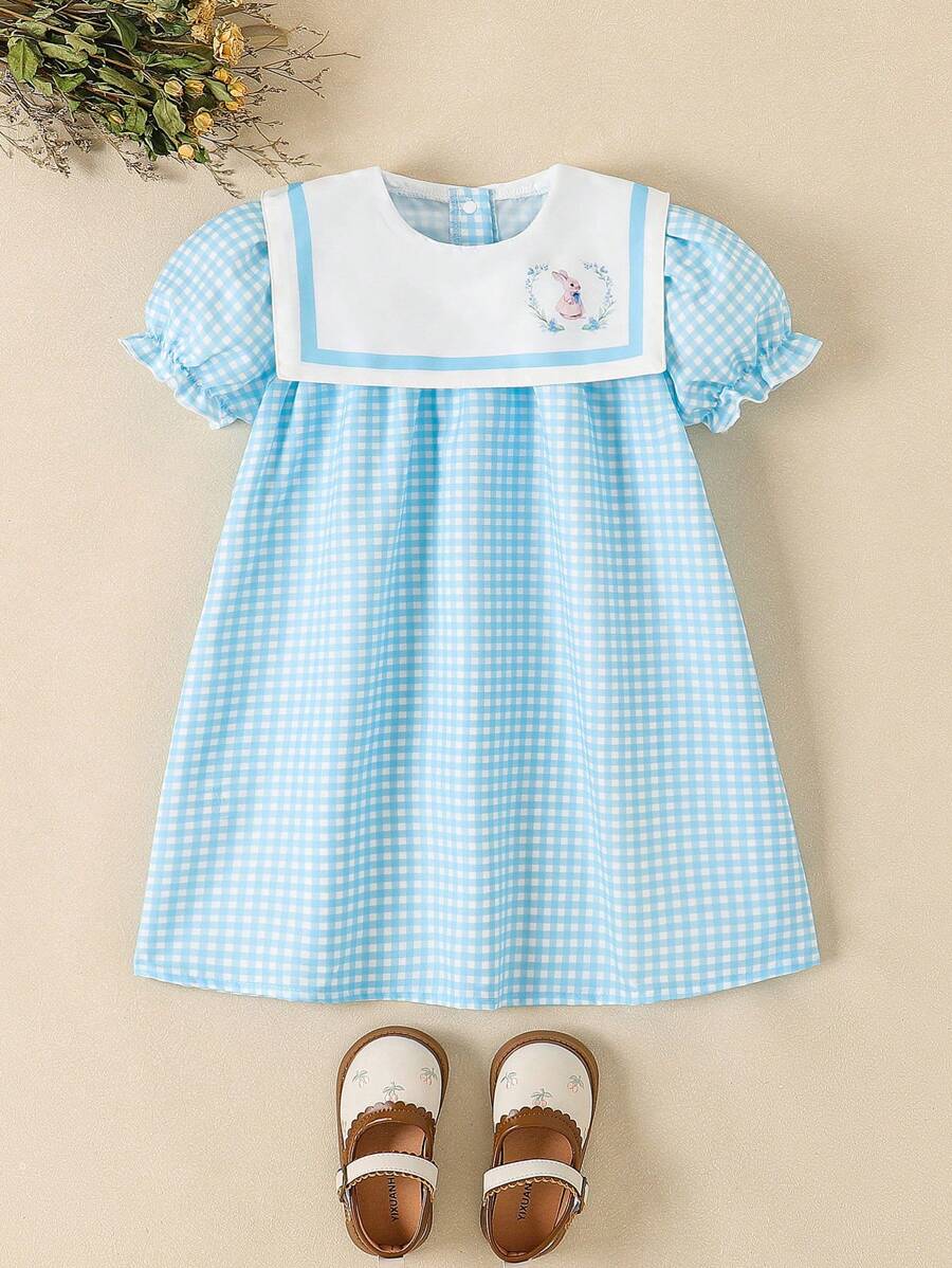 Souflis Souflis Mädchen Kleine Mädchen Sommer Neue Plaid Stoff Kragen Puffärmel Lose Fit Zurück Öffnen Einfaches An-/Ausziehen Mode Niedlichen Kaninchen Druck Süße Kleid