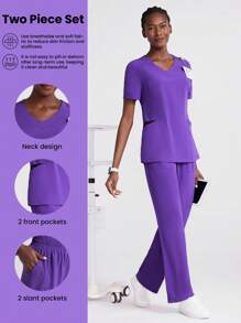 TaskEZ Modieuze luipaard patchwork zachte en comfortabele korte mouwen V-hals top en hoge taille rechte pijp broek verpleegster scrub uniform set, werkkleding vrouwen voor vrouwen vrouwen plus kleding tweedelige scrubs scrub sets