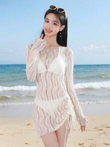 DAZY Women's Teardrop Lace Mesh Fabric One-Side Drawstring Elegant Pullover Summer Beach Cover-Up