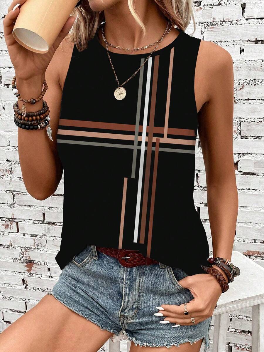 SHEIN LUNE Camiseta sin mangas de cuello redondo con estampado de rayas, adecuada para el verano