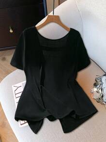 SHEIN Clasi Plus Size Casual V Back Design Bubble Pearl T-Shirt - Black - View 2