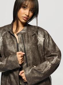 MISSGUIDED Chaqueta de motocross oversize con diseño de tatuaje, moda Y2K, ropa de calle, estilo motorista, carreras de motos, abrigo de otoño e invierno con un toque audaz
