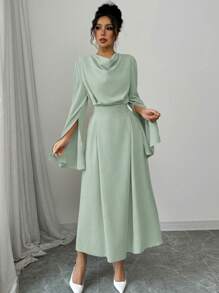 Elenzga Damen elegantes Einfarbiges Kleid mit Glockenärmeln