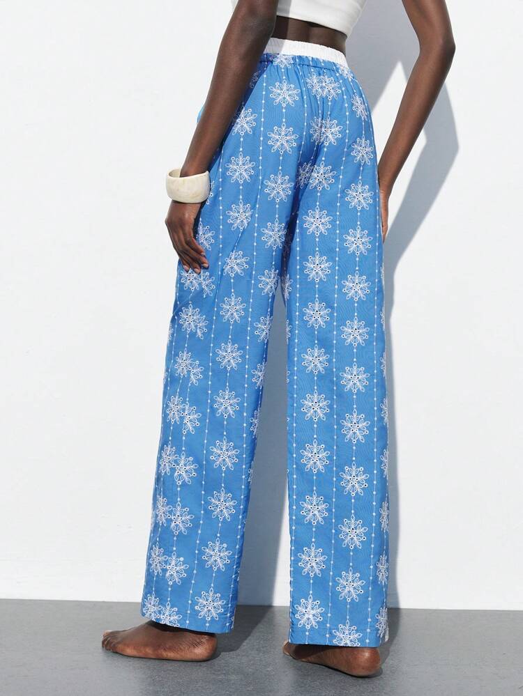 SHEIN Maija 2025 Spring/Summer New Casual Fashionable Vacation Comfy Women Blue Waistband Patchwork Pants, Suitable For Music Festivals, Beach Holidays, Daily Casual, Romantic City Vacation, Suitable For Outings, Parties, Weddings, Guest Wear, Graduation Season