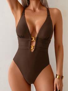 Swim Lushoire 1 件女式性感连体泳衣，深 V 领镂空设计，露背交叉肩带，休闲舒适，适合假日游泳 - 棕色 - 查看 3