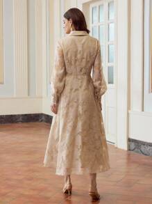 ZEYLAH Women's Lightweight Jacquard Lace Midi Shirt Dress, Romantic, Flowy, Elegant For Afternoon Tea