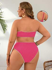 Swim Basics 2pcs/Set Plus Size Women Solid Color Spaghetti Strap Shell Trim Sexy High Waist Triangle Bikini Swimwear, Vacation Casual
