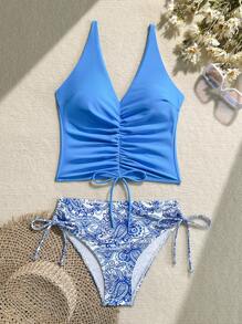 Swim Lushoire 2 件套女士佩斯利印花褶皱前系带背心和比基尼泳装套装 - 藍色 - 查看 6