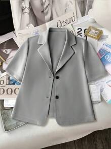 Chiquease 女士纯色前扣休闲短袖薄款西装外套 - 淺灰色 - 查看 2