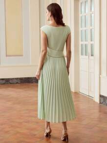 ZEYLAH Vestido elegante de unicolor con cuello redondo, mangas farol y plisado para mujer