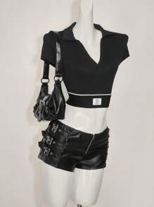 SHEIN ICON Camiseta corta de manga corta sencilla y casual con patchwork