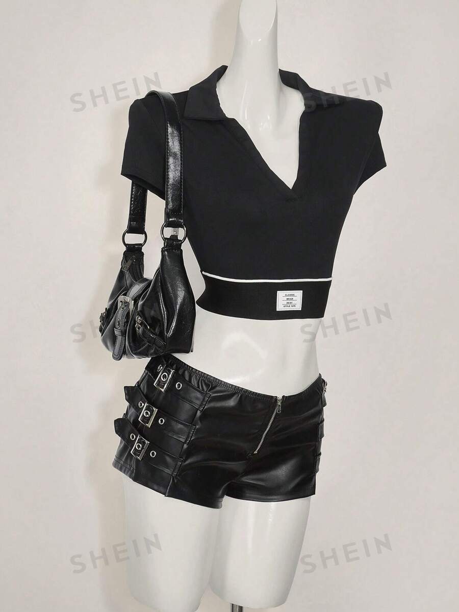 SHEIN ICON Camiseta corta de manga corta sencilla y casual con patchwork