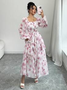 Airlisse Vestido largo fluido con estampado floral diminuto, de manga larga, con estilo francés romántico para primavera y verano