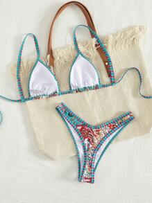Swim Vcay 2pcs Print Lace-Up Crop Top And Sexy Briefs Women Casual Beach Bikini Swimwear Set - Multicolor - View 2