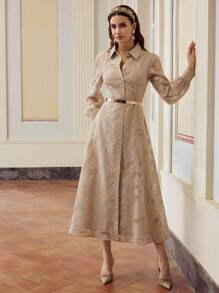 ZEYLAH Women's Lightweight Jacquard Lace Midi Shirt Dress, Romantic, Flowy, Elegant For Afternoon Tea