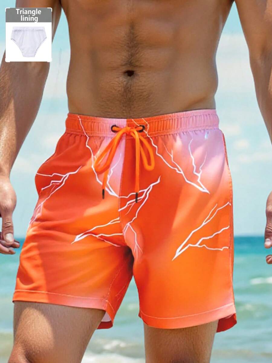Surfspeed Men's Lightning Print Drawstring Waist Beach Shorts - Orange - View 1