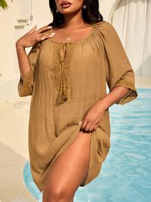 SHEIN Swim Curve Plus Size Solid Color Lace Trim Beach Cover Up